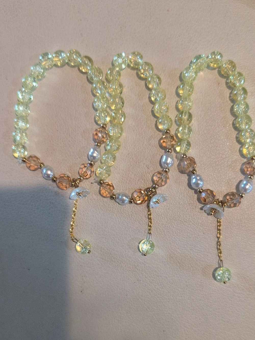 Yellow And Brown Beaded Stretch Bracelet With A Pearl  Charm - Set Of 3